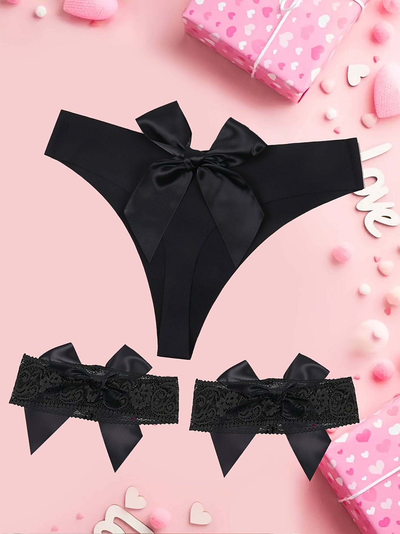 Two Garter Belts with Bows + 1 Bowknot Panty