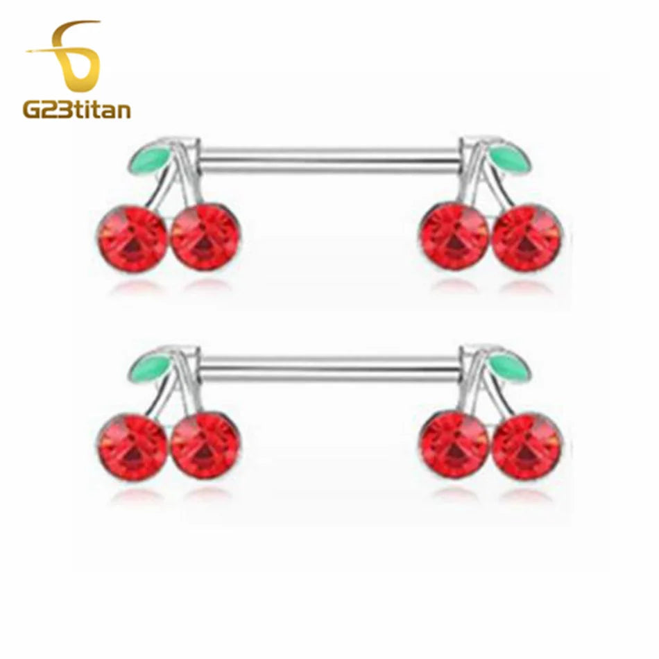 2pc 14G Titanium Nipple Barbell Sweet Red Crystal Cherry Shaped Breast Rings for Women Piercing Nipplr Jewelry Body Accessories