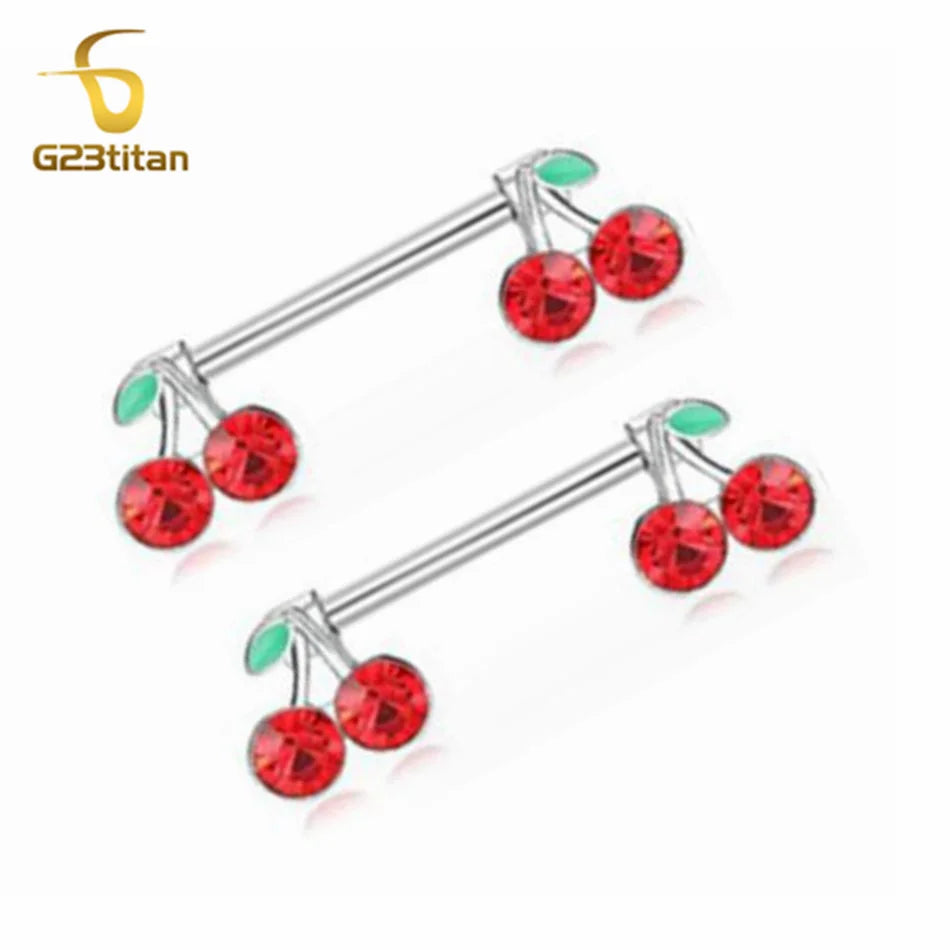2pc 14G Titanium Nipple Barbell Sweet Red Crystal Cherry Shaped Breast Rings for Women Piercing Nipplr Jewelry Body Accessories